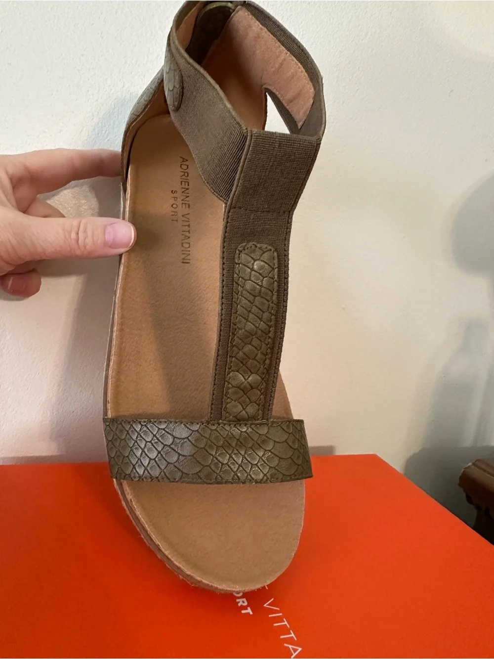 Adrienne Vittadini Olive Textured T-Strap Cork Platform Sandal